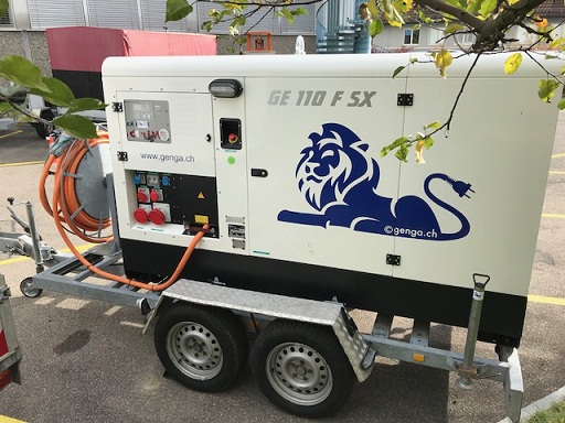 Stromerzeuger MOSA GE 100kVA auf Anhänger und 20m Kabelrolle mit CEE125, 350 Liter Tank, GPS Überwachung